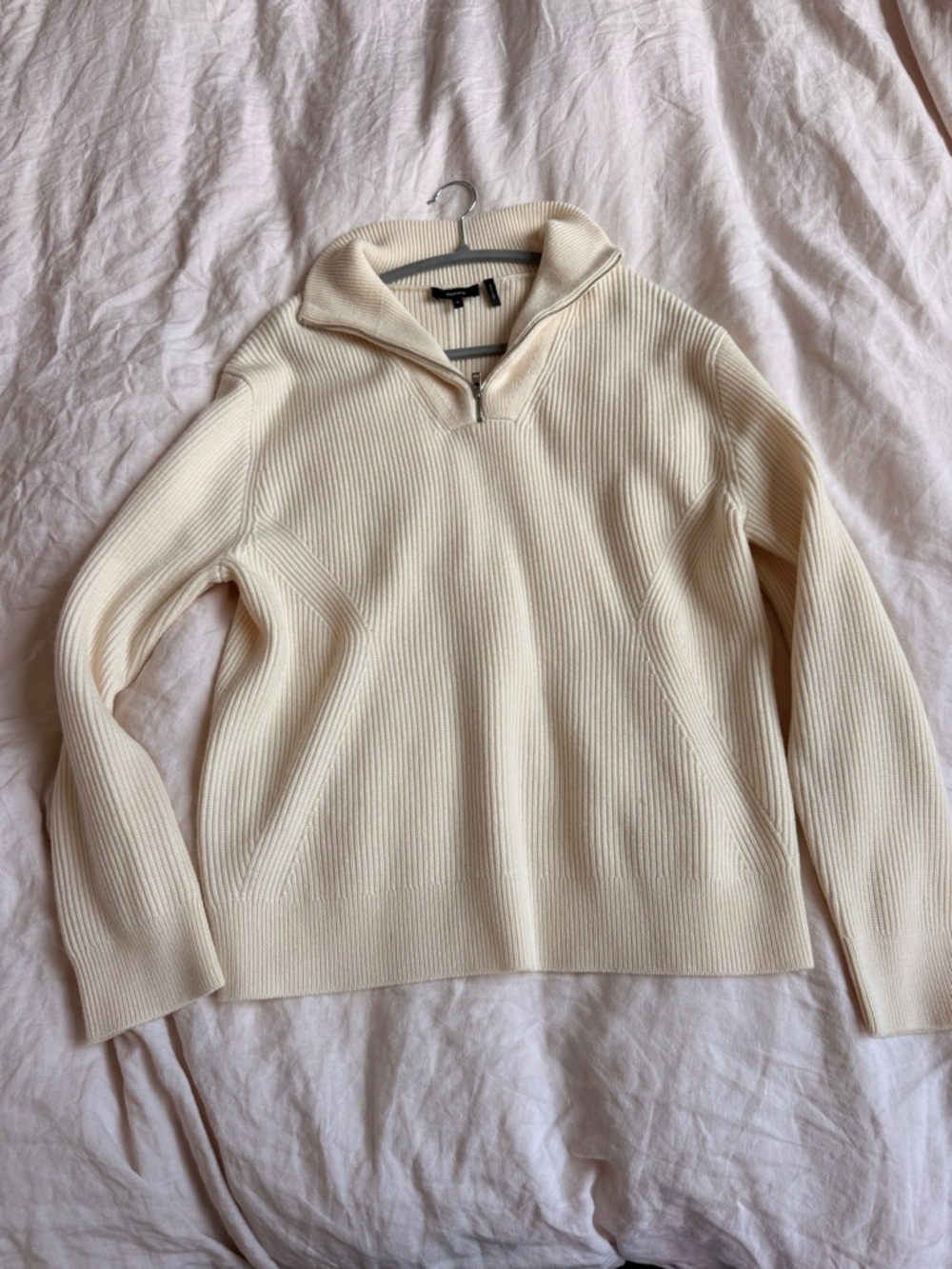 Theory Merino Wool Cream Half-Zip Ribbed Cowlneck Sweater